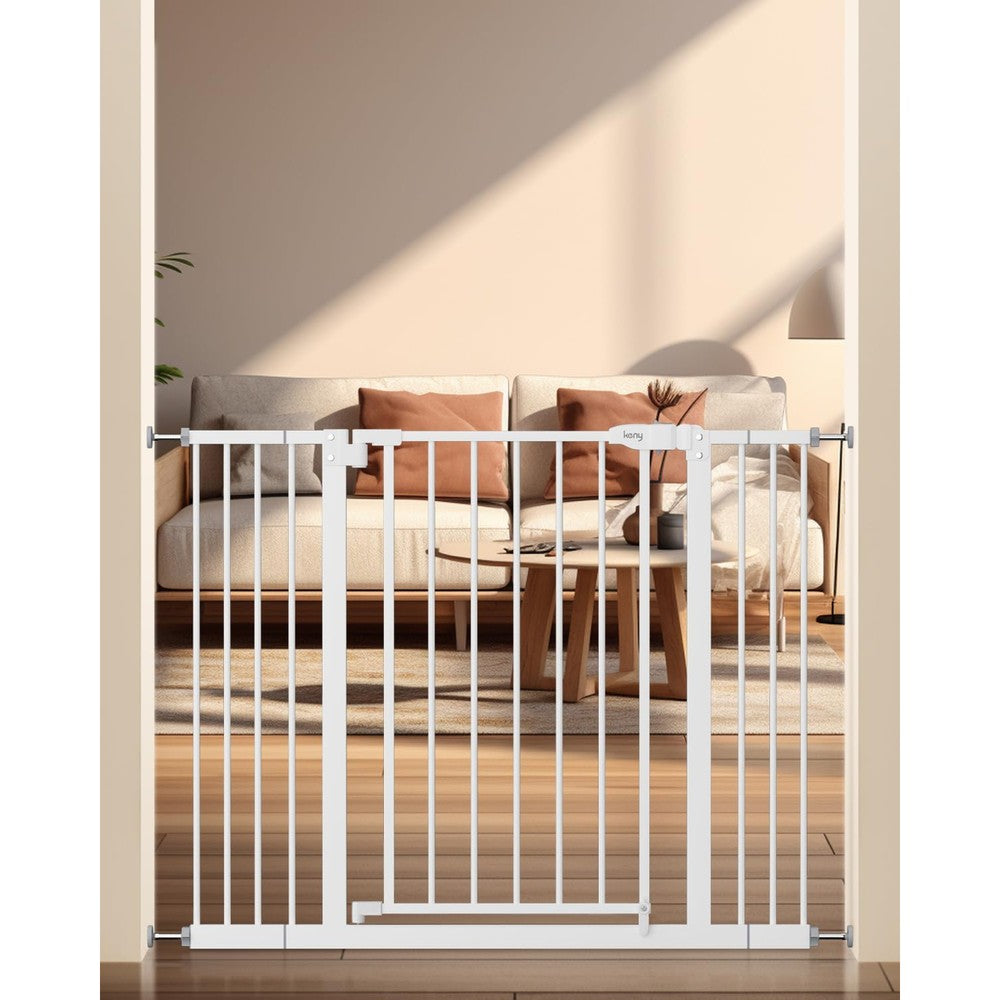 Keny baby gate for stairs front view white metal safety barrier in doorway