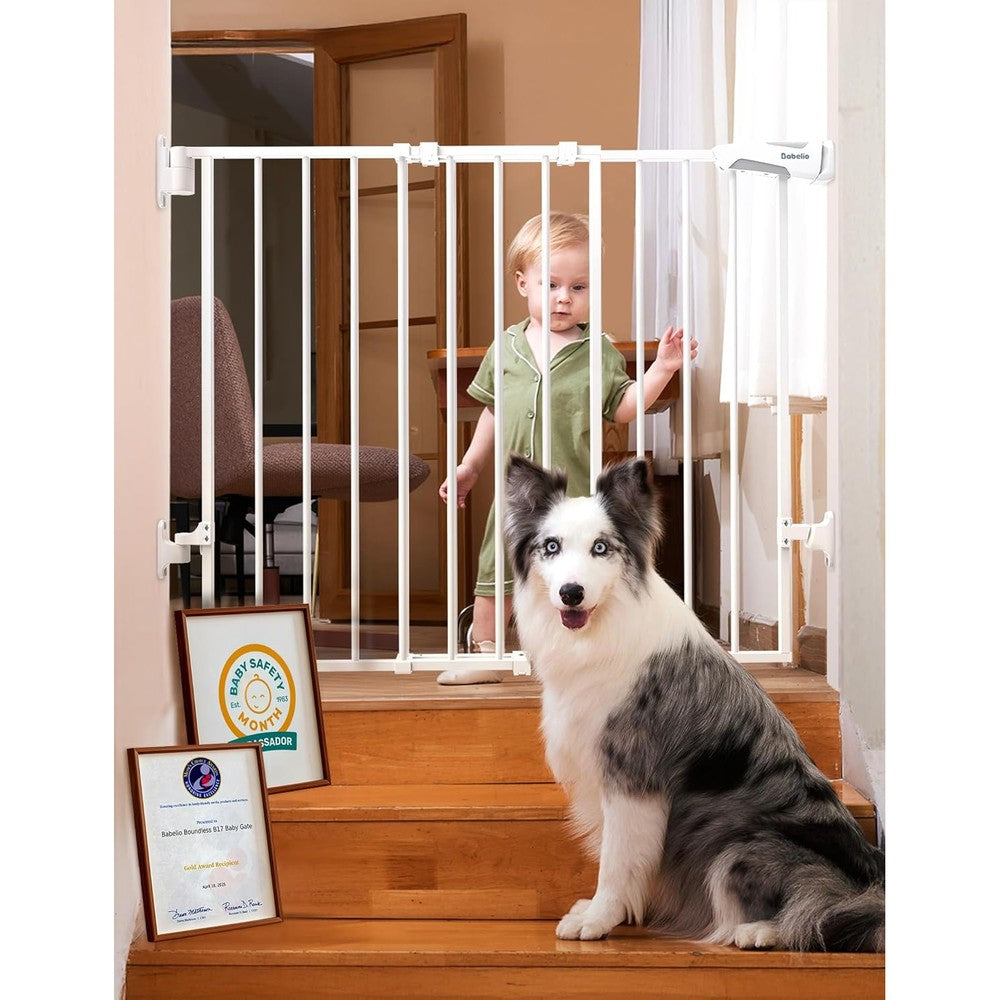 Babelio 2-in-1 metal stair safety baby gate front view installed in a white doorway.