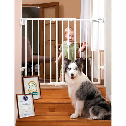 Babelio 2-in-1 metal stair safety baby gate front view installed in a white doorway.