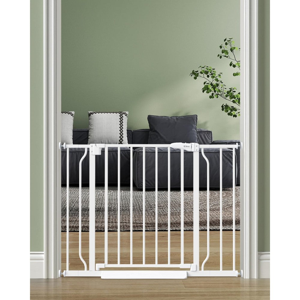 Cideny auto close baby safety gate front view installed in a white modern doorway