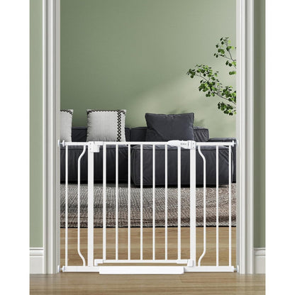 Cideny auto close baby safety gate front view installed in a white modern doorway
