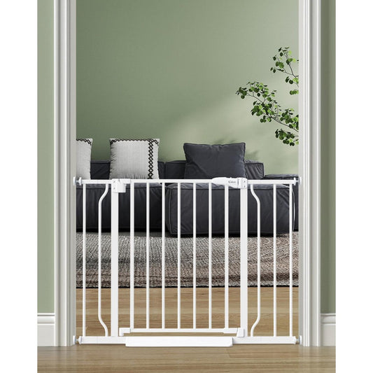 Cideny auto close baby safety gate front view installed in a white modern doorway