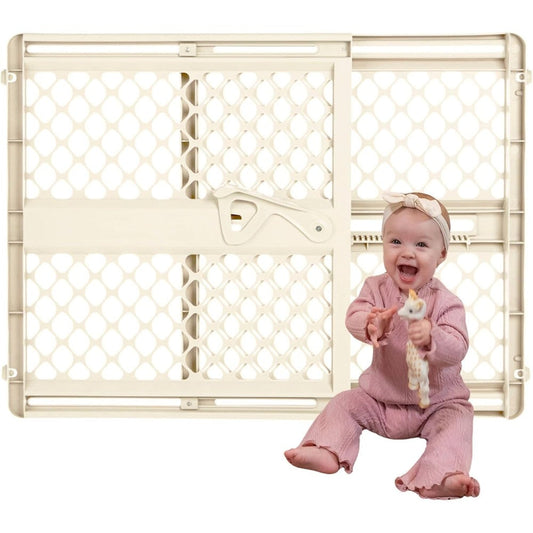 Toddleroo by North States Supergate Ergo baby gate front view installed in ivory color hallway.
