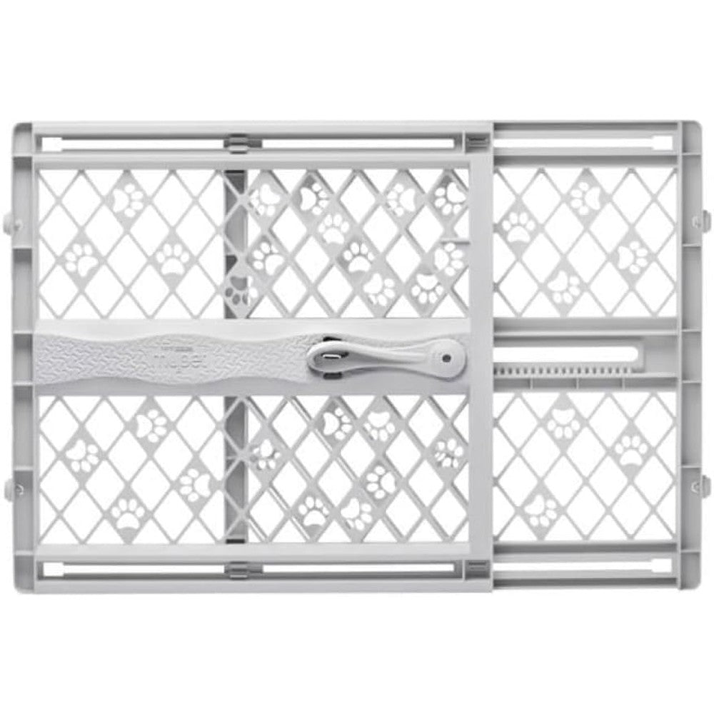 MYPET North States Paws Portable Pet Gate front view in light gray installed in a home doorway.