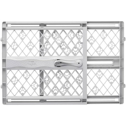 MYPET North States Paws Portable Pet Gate front view in light gray installed in a home doorway.