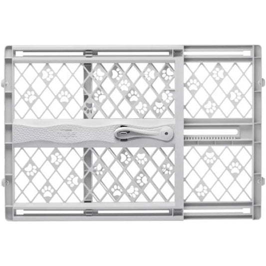 MYPET North States Paws Portable Pet Gate front view in light gray installed in a home doorway.