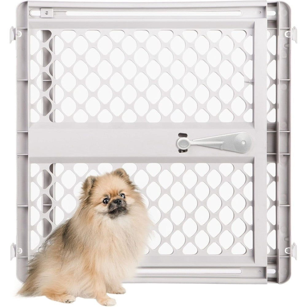 Mypet Universal Pet Gate front view showcasing grey diamond mesh design.
