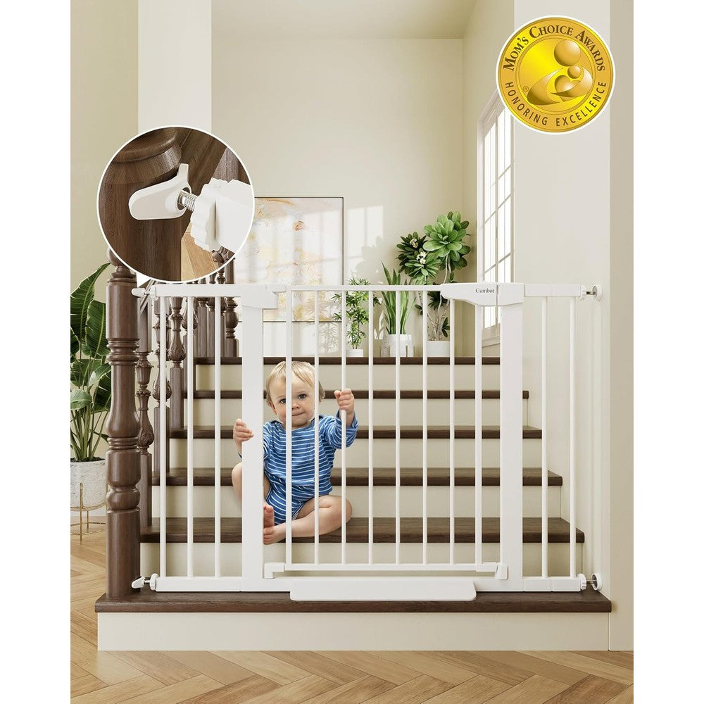 Cumbor pressure mounted baby gate front view installed in a white hallway doorway