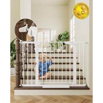 Cumbor pressure mounted baby gate front view installed in a white hallway doorway