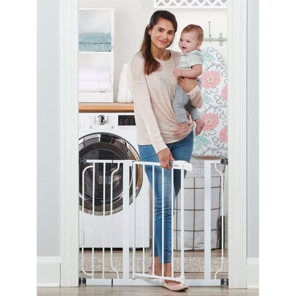 Regalo Easy Step Walk Thru Baby Gate white front view installed in a doorway