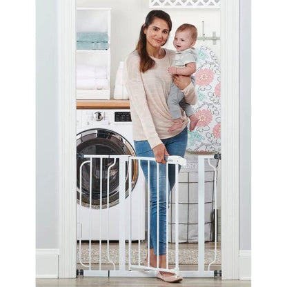 Regalo Easy Step Walk Thru Baby Gate white front view installed in a doorway