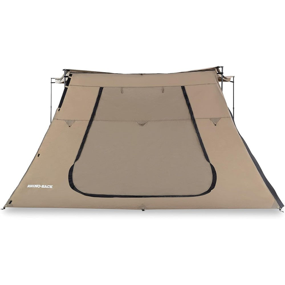 Rhino Rack Batwing Tapered Zip Extension with Door front view attached to vehicle awning