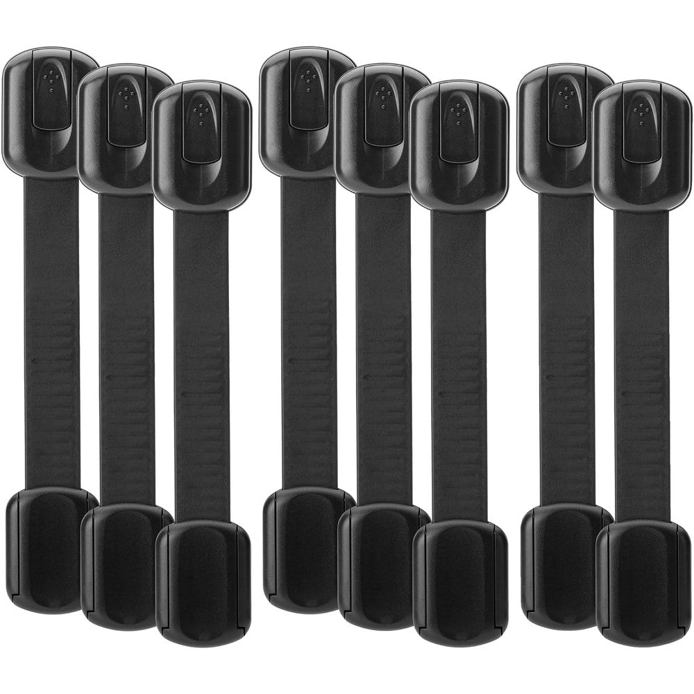 Bates Choice child safety strap locks 8 pack front view black baby cabinet latches