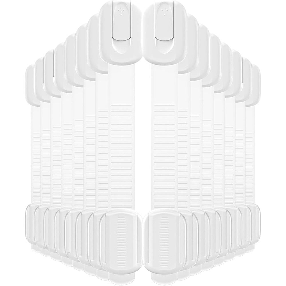 Roocickee 16 pack cabinet locks baby proofing front view showing adjustable strap and white plastic safety latch