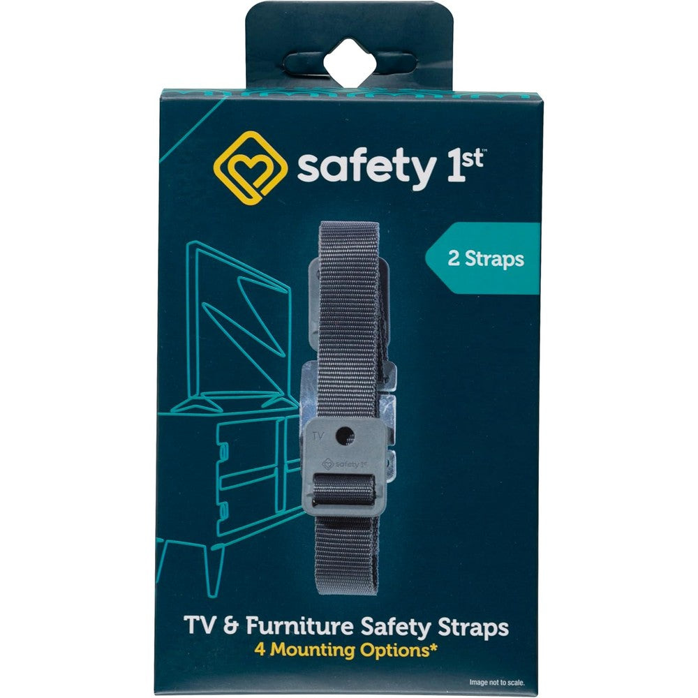Safety 1st TV and Furniture Safety Straps front view pack showing two black anti tip nylon straps.