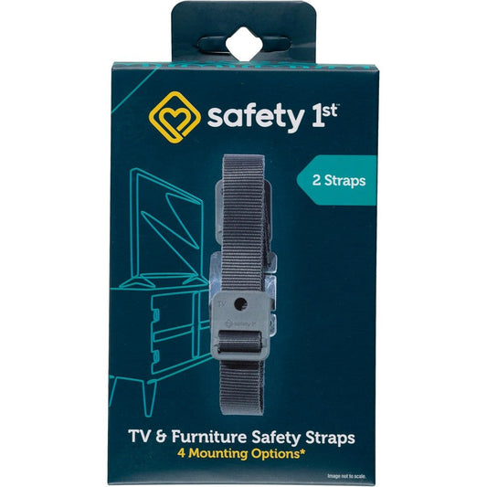 Safety 1st TV and Furniture Safety Straps front view pack showing two black anti tip nylon straps.