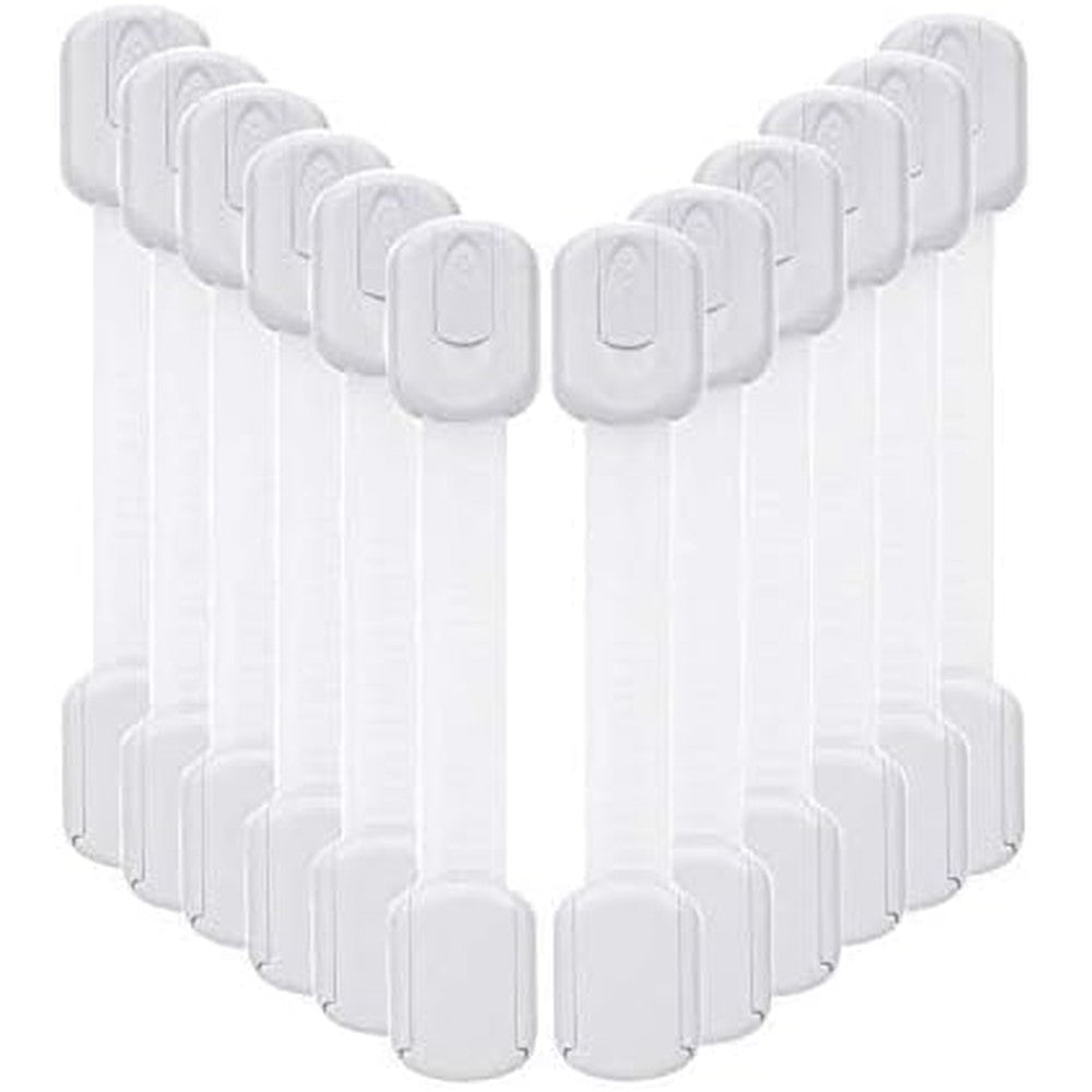 Vkania baby proofing cabinet strap locks front view showing adjustable white child safety latch on kitchen cabinet doors