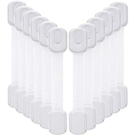 Vkania baby proofing cabinet strap locks front view showing adjustable white child safety latch on kitchen cabinet doors