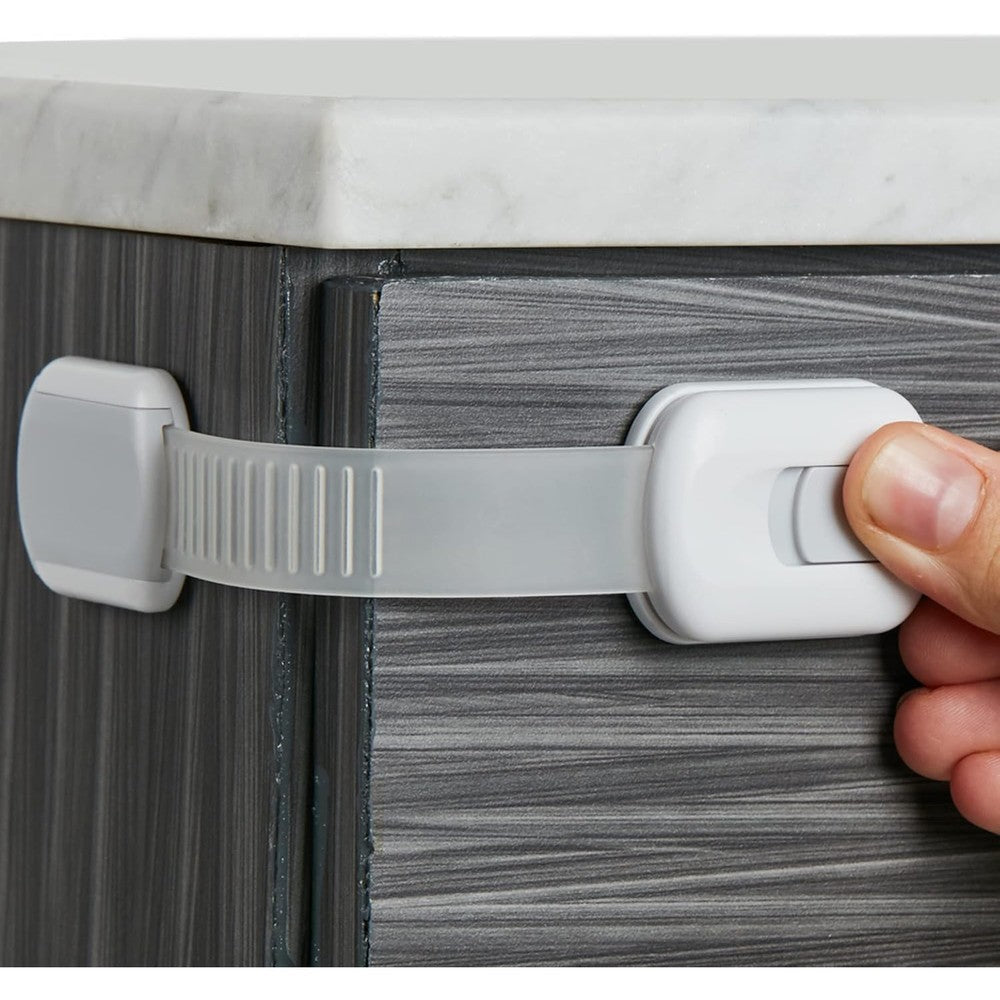 Wappa Baby child safety strap locks four pack front view showing white and gray baby proofing latches.