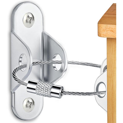 XING ZHONG furniture anchors ten pack front view showing stainless steel brackets and wire cables for baby proofing.