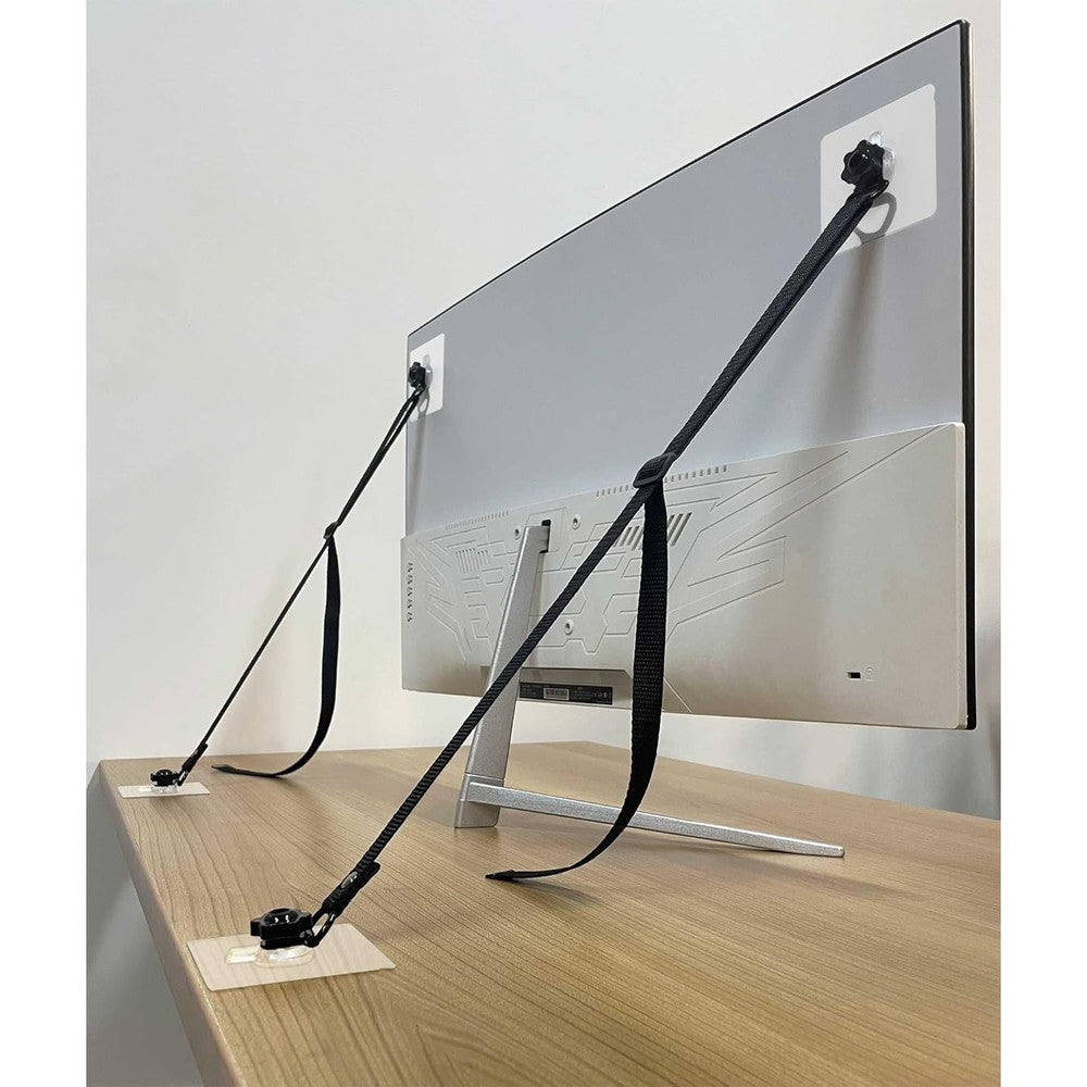 SPORTARC adjustable TV safety straps front view showing heavy duty adhesive plates for baby proofing home appliances.