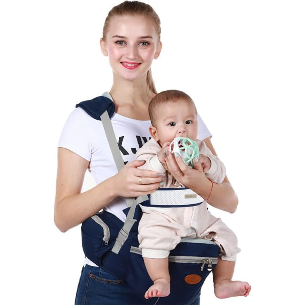 Honch baby hip seat carrier front view in dark blue color featuring wide padded waistband and ergonomic seat.