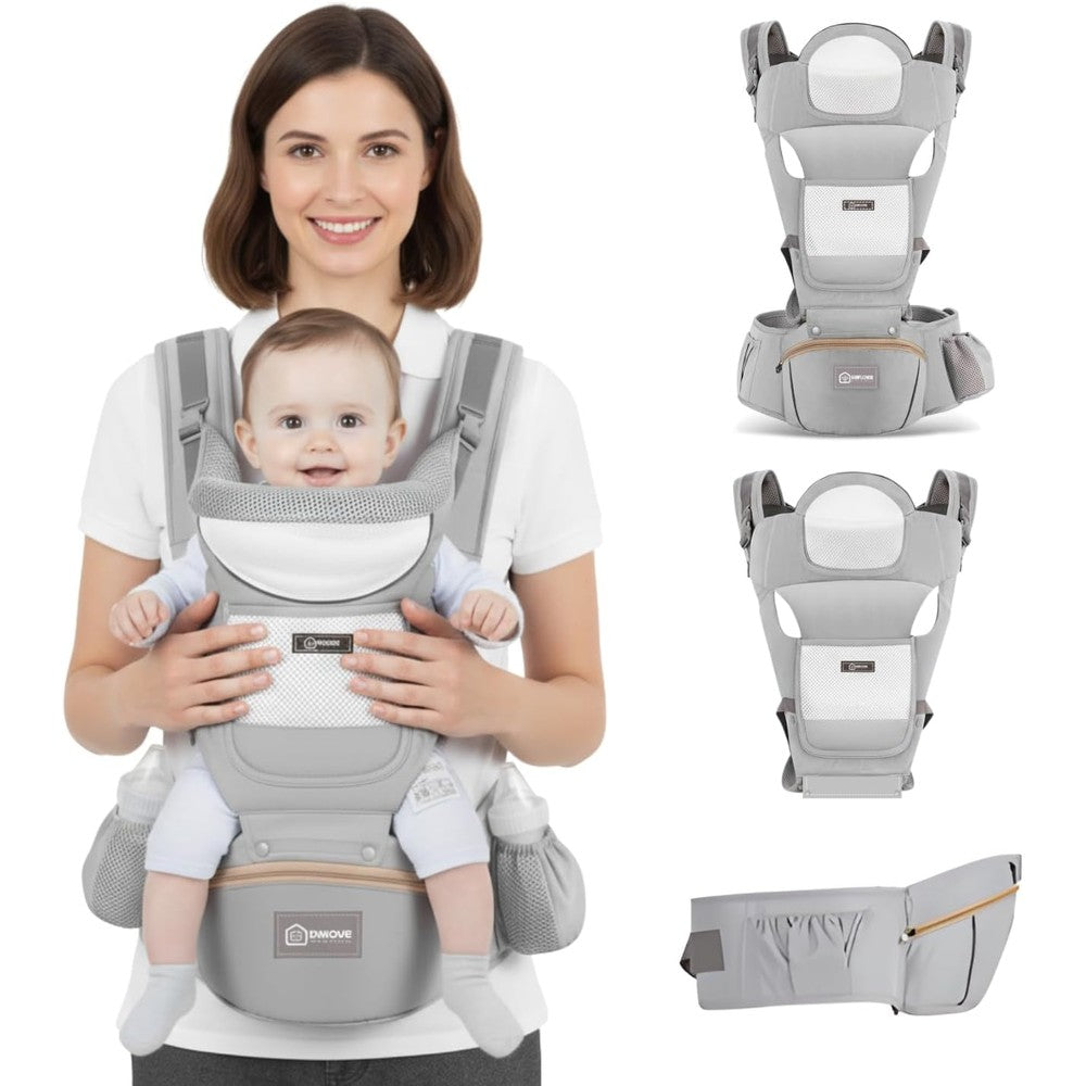 Sunflower Holdings 6-in-1 baby hip carrier in grey front view