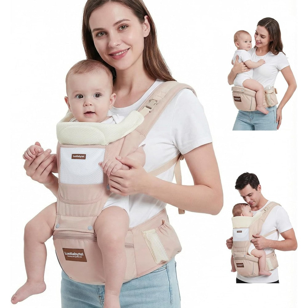 Luollabytel 6-in-1 baby carrier with hip seat khaki front view