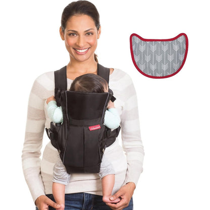 Infantino Swift Classic Baby Carrier in black showing the front view with integrated storage pocket.
