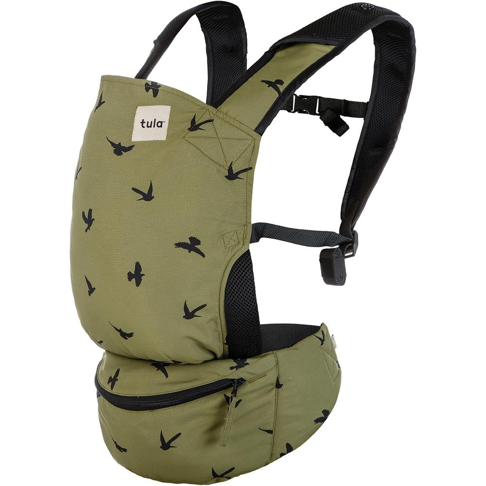 Baby Tula Lite Compact Baby Carrier front view in Soar olive green pattern.