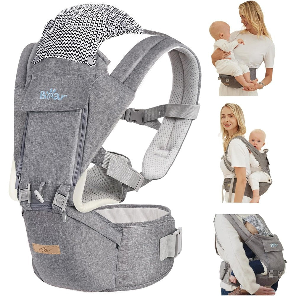 Bear 6-in-1 ergonomic baby carrier front view with hip seat