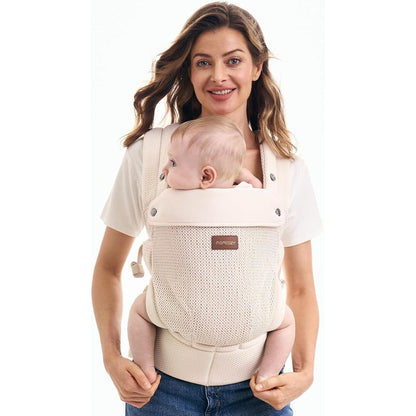Momcozy breathable baby carrier front view in apricot beige