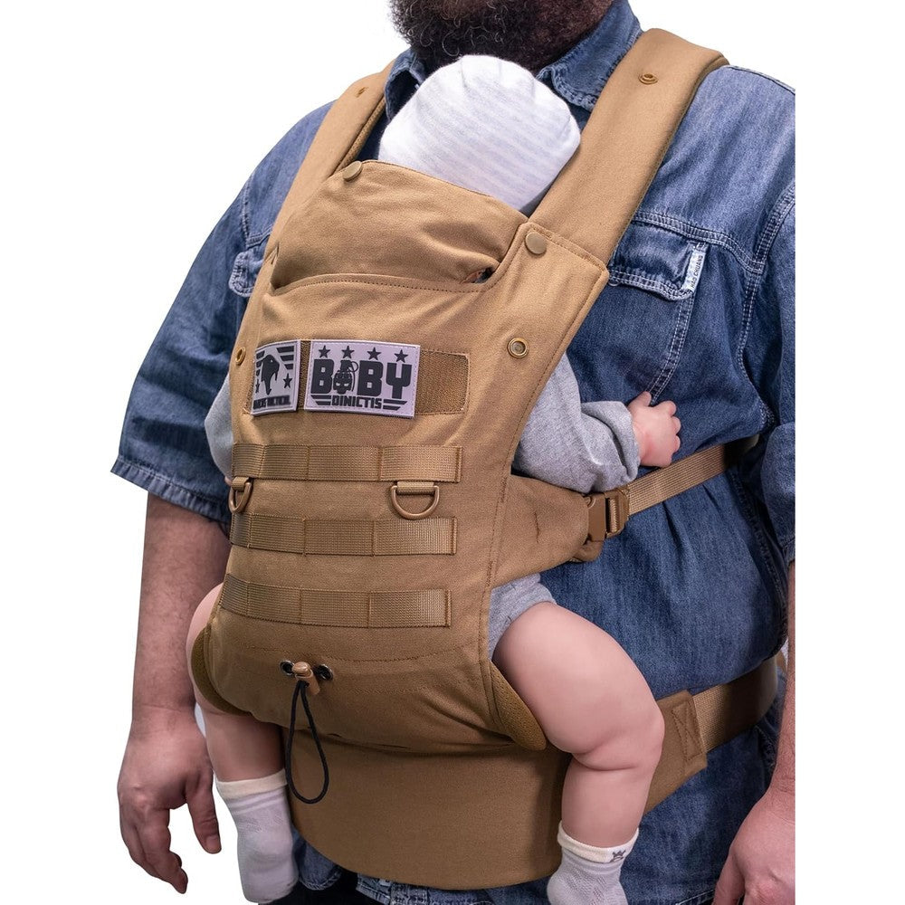 Dinictis Tactical ergonomic baby carrier front view in coyote brown