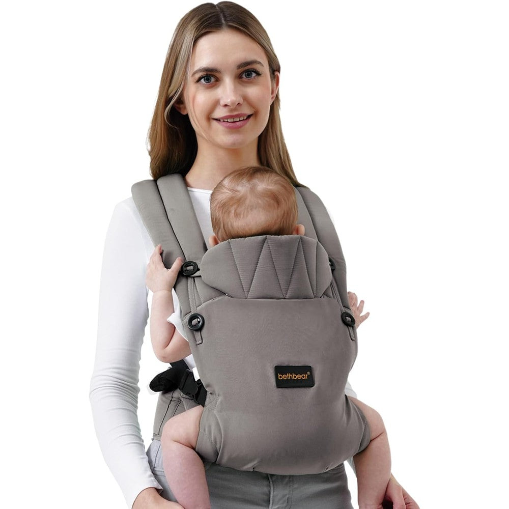 BethBear ergonomic baby carrier in gray front view