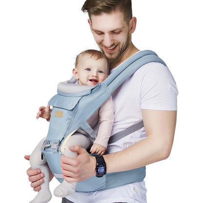 FRUITEAM 6-in-1 baby carrier front view in blue color showing ergonomic hip seat setup