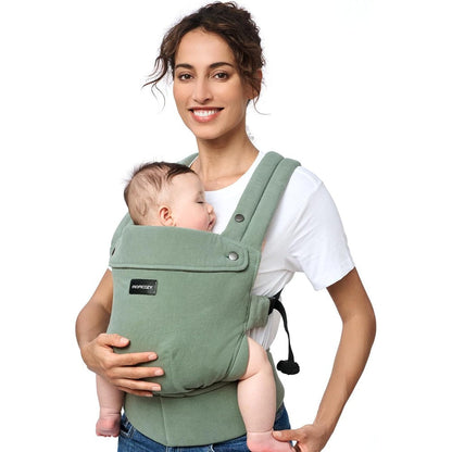 Momcozy baby carrier in sage green front view with baby