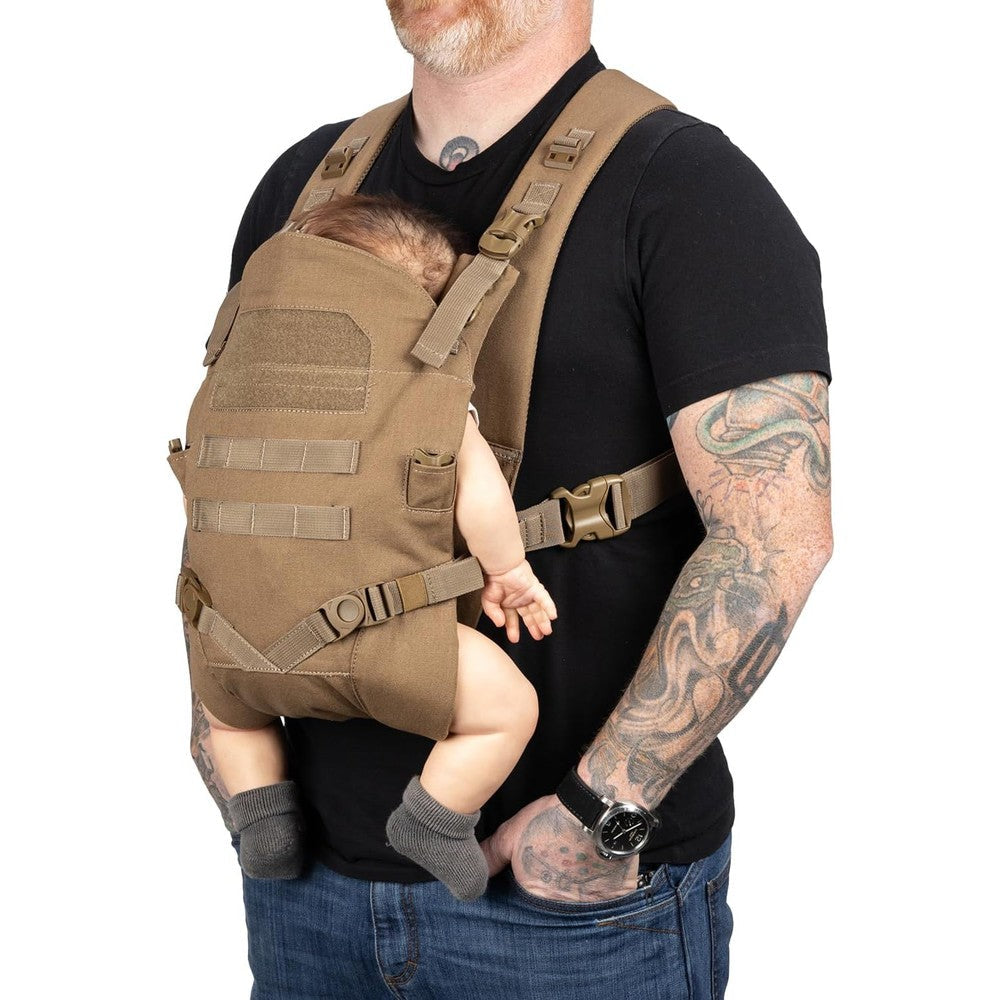 Tactical Baby Gear Tactical Baby Carrier For Dads front view in Coyote Brown color showing rugged tactical webbing.