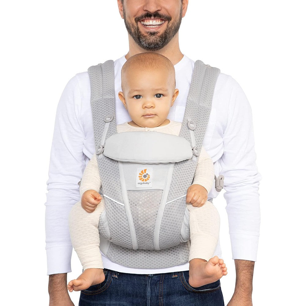 Ergobaby Omni Breeze Baby Carrier in Pearl Grey front view showing mesh design