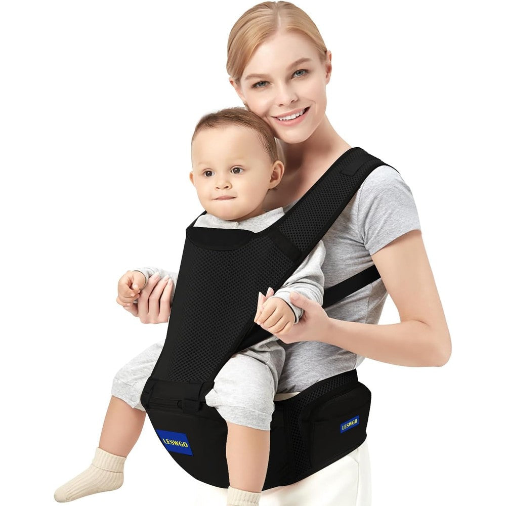 KJIPUHO 6-in-1 baby carrier with hip seat black front view
