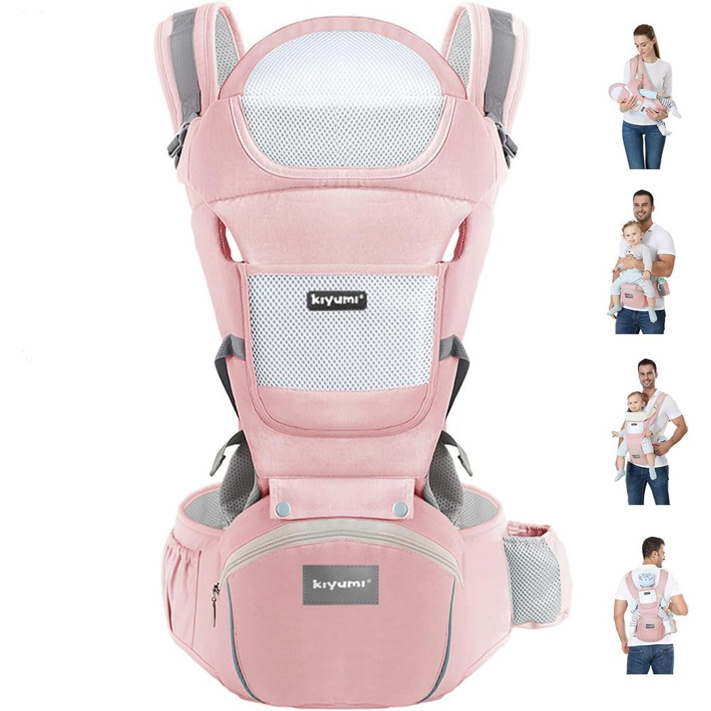 Kiyumi Baby Carrier With Hip Seat Ergonomic M Position Newborn To Toddler Adjustable Removable 6-in-1 Baby Sling Carrier Pink 7-45 Pounds - Image 1