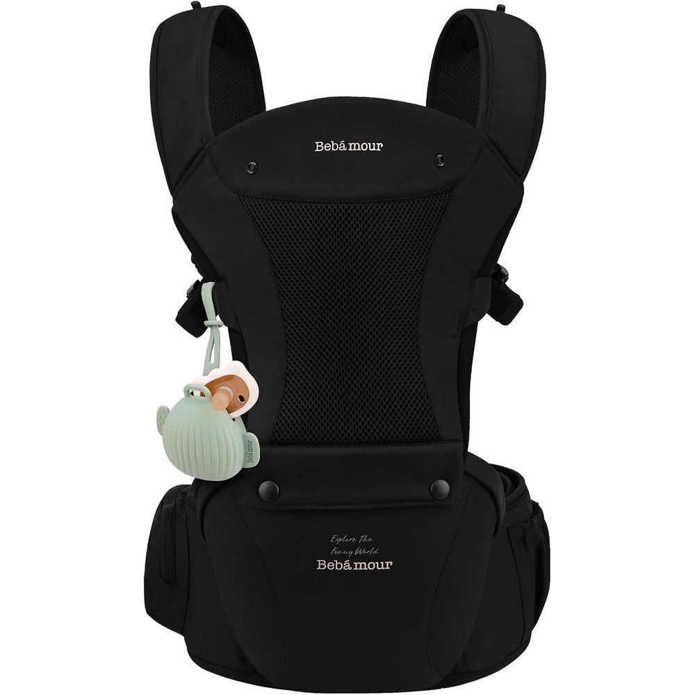 Bebamour baby carrier with hip seat in black front view