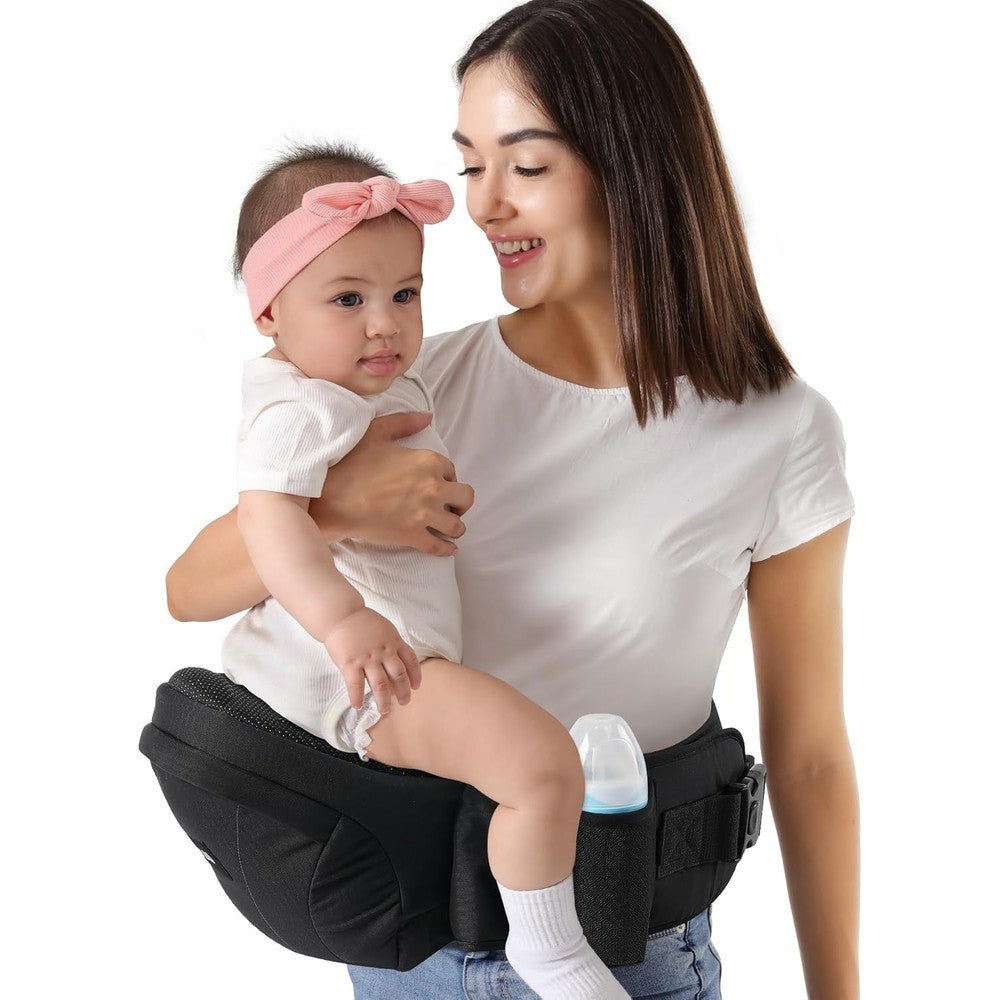 Hkai baby hip carrier black front view with adjustable straps