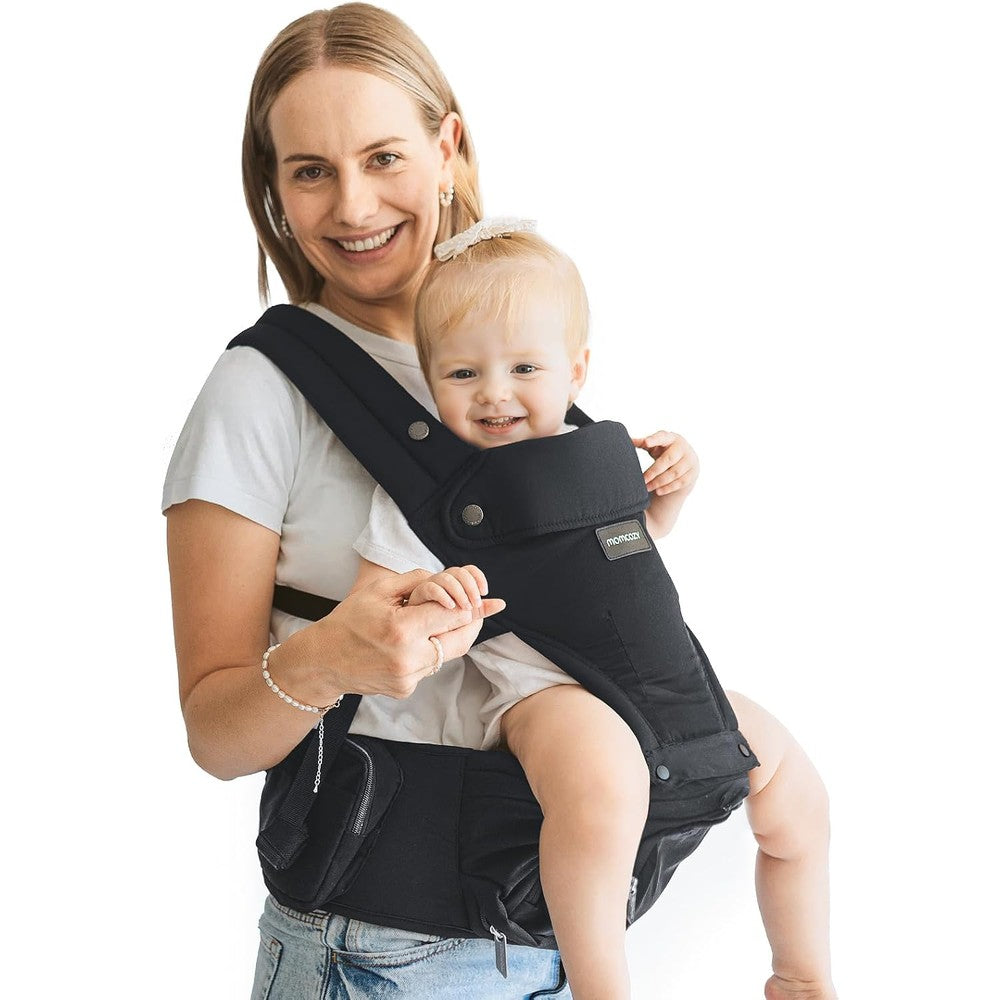 Momcozy Baby Carrier with Hip Seat front view in black