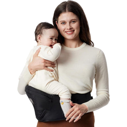Momcozy Hip Seat Baby Carrier black front view ergonomic