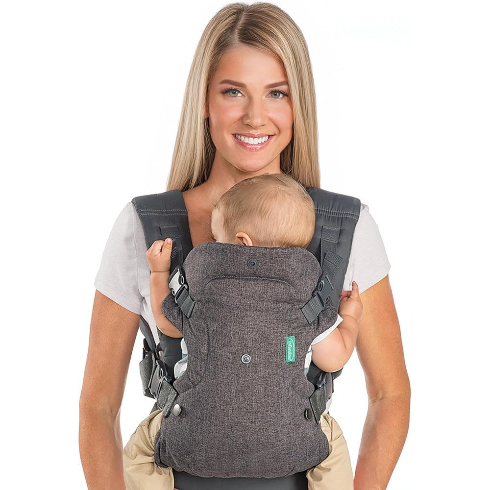 Infantino Flip 4-in-1 Convertible Baby Carrier front view in light grey color showing adjustable straps