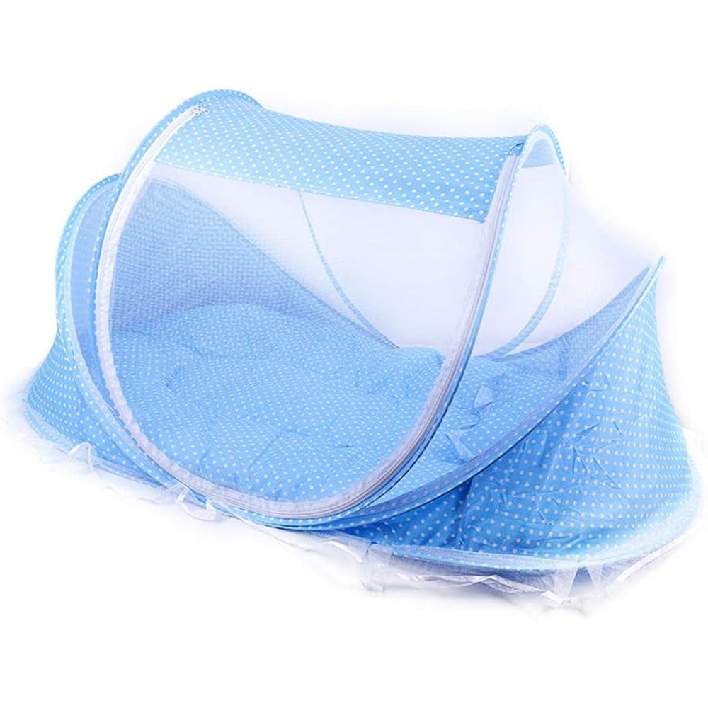 Keenso portable folding baby bed in sky blue green front view showing integrated mosquito net mesh