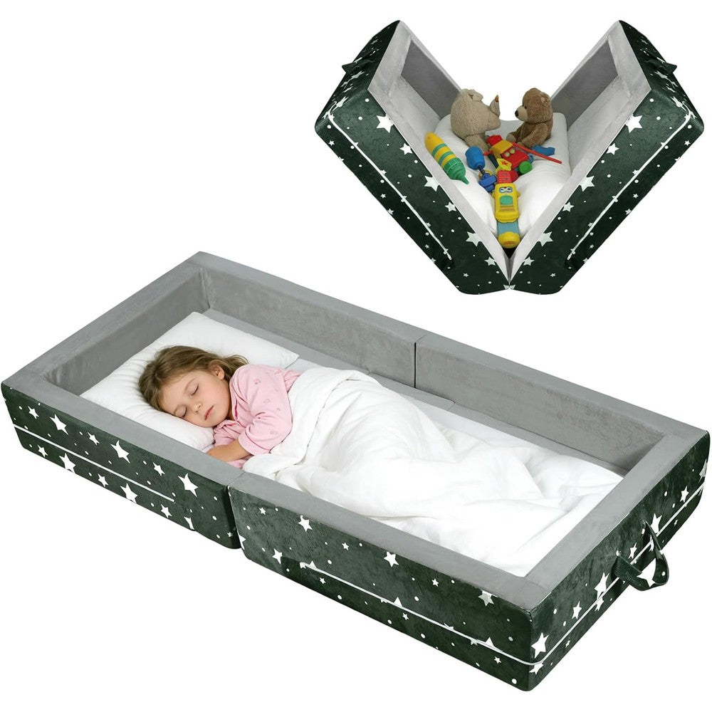 Laapee portable toddler travel bed front view showing grey star pattern