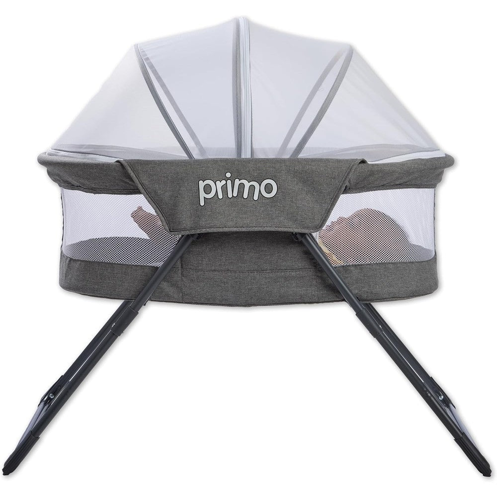 PRIMO Cocoon Deluxe Folding Travel Bassinet front view in heather gray color with mesh canopy attached.