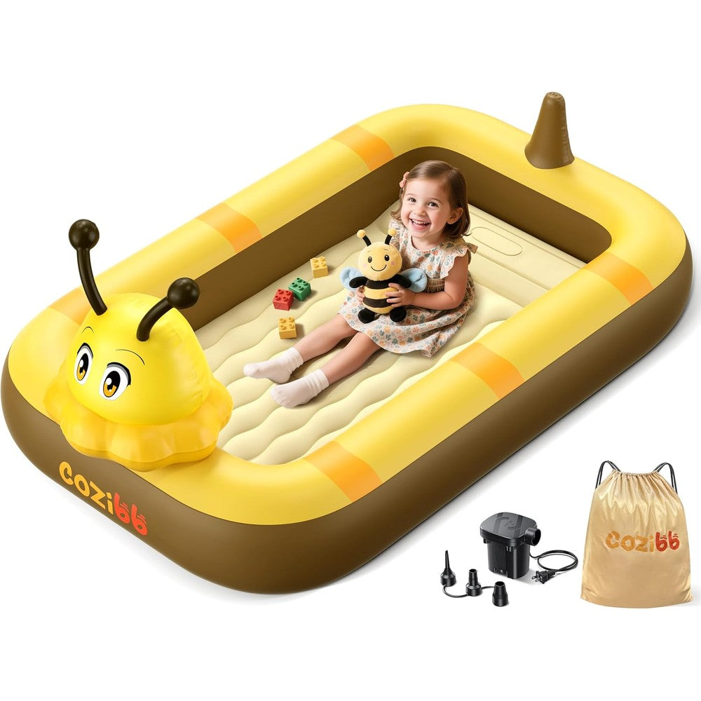 CoziBB Inflatable Toddler Travel Bed front view showing the cute bee design and yellow safety bumpers.