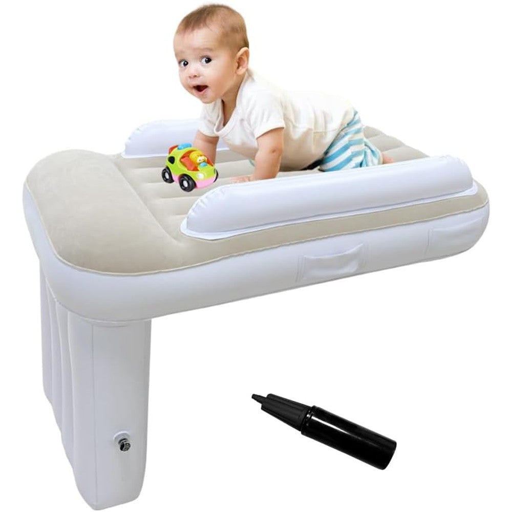 Gemgo toddler airplane bed front view showing inflatable cushion setup on a plane seat.